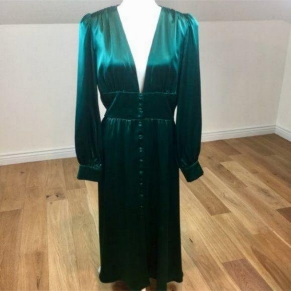 Reformation Nicola Silk Midi Dress Emerald Green 4 - Picture 5 of 12